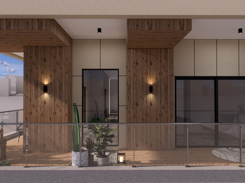 天津伯苓大廈開放式陽臺裝修 現代原木風 簡約時尚休閑場所設計