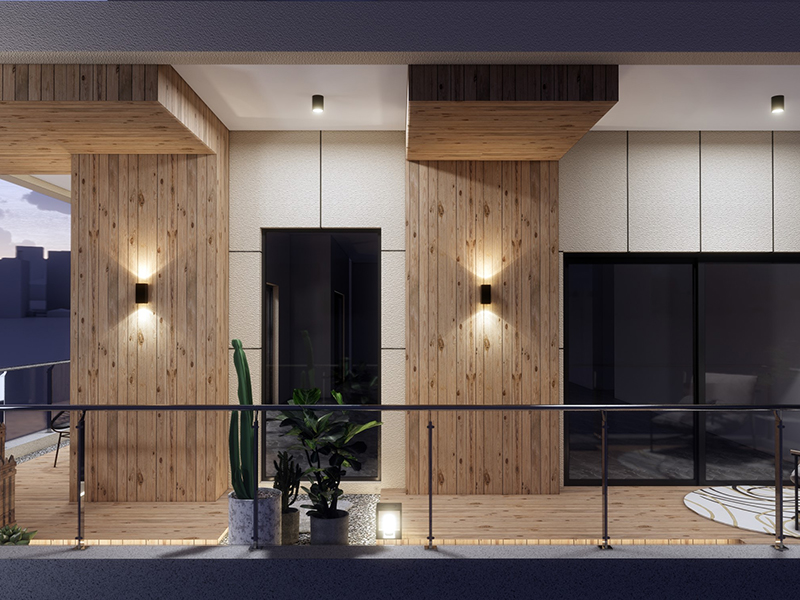 天津伯苓大廈開放式陽臺裝修 現代原木風 簡約時尚休閑場所設計