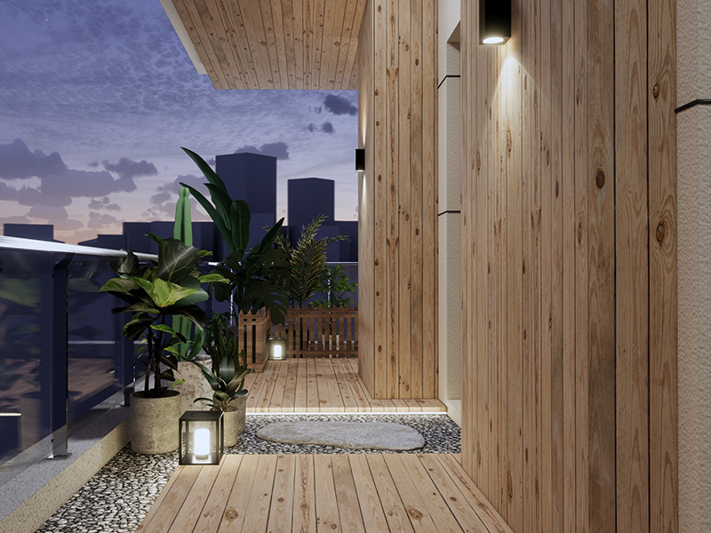 天津伯苓大廈開放式陽臺裝修 現代原木風 簡約時尚休閑場所設計